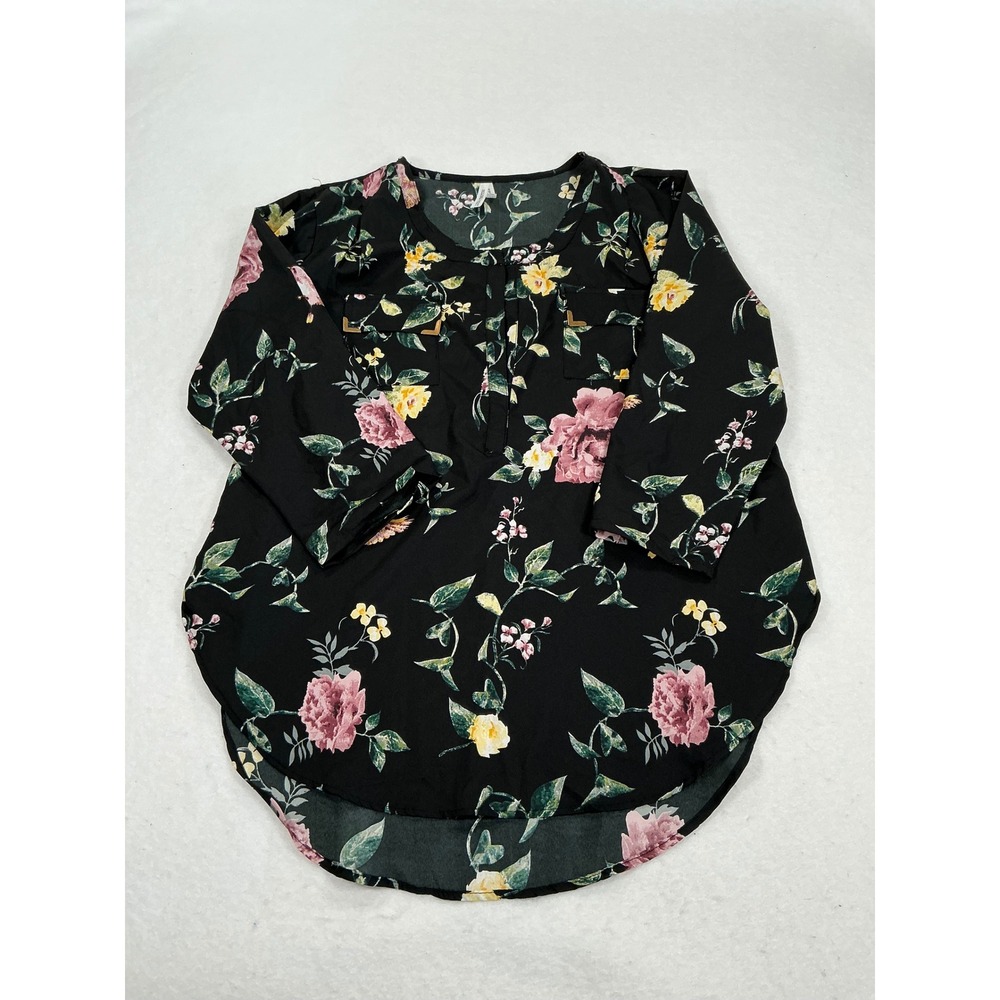 Live 4 Truth Floral Tunic Blouse Black Pink Yellow Bird Print 1X Plus Size